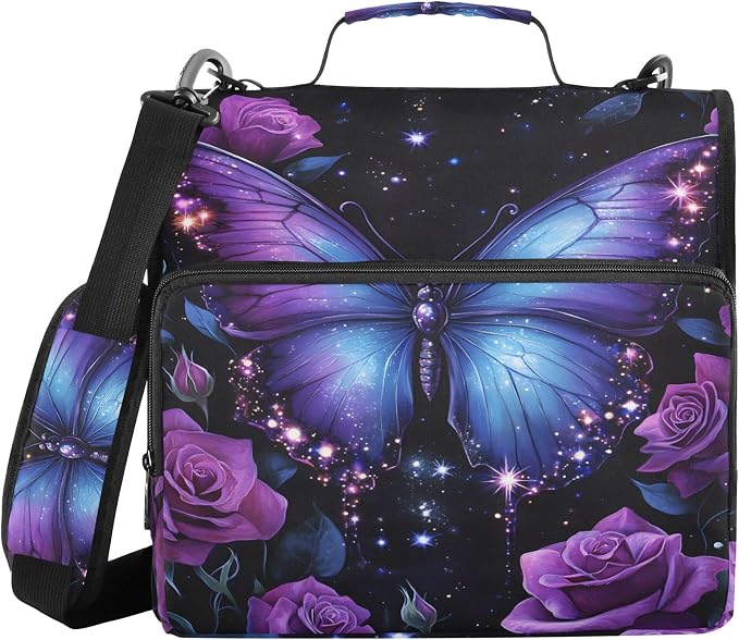 MNSRUU 3 Ring Binder Bag, 2 Inch D-Rings Easily Organizes 1 Inch Fits Letter Sized Paper, Butterfly Rose Large 3 Hole Zipper Binder Organizer for School Office Supplies
