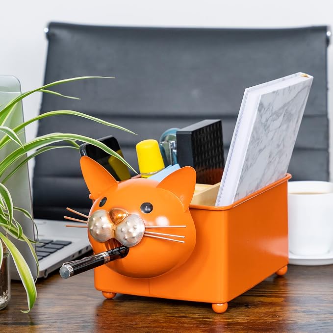 Desk Organizer, 1-5 Module Compartments - Storage for Stationery Supplies, Accessories, brushes - Home, Office, School, Dorm, Studio - Build in Pen & Pencil Holder (Orange Cat)
