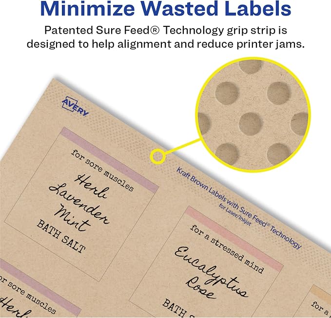 Avery Kraft Brown Square Labels with Sure Feed Technology, 2" x 2", Print to the Edge, Laser/Inkjet Printable Labels, 300 Total (22846)
