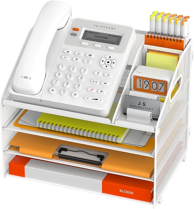 DocNest 4 Tier Metal Mesh Desk File Organizer with Phone Shelf, White | Desktop letter tray sorter features a 9.1x9.1 inch top phone holder, built-in sticky note compartment and pen holder
