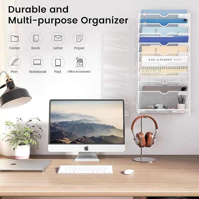 10-Tier Wall Mounted File Organizer, Metal Mesh Paper Holder (White)