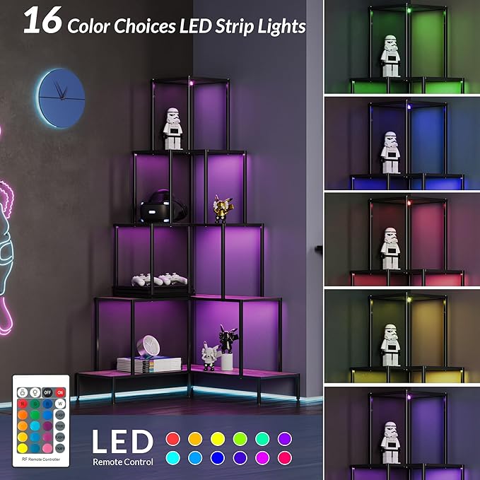 BELLEZE 5-Tier Corner Bookshelf with RGB Light, Remote Control Multiple Lighting Modes and Colors, 66" Tall L-Shaped Bookcase, Storage & Display Rack for Living Room, Courtyard and Home Office -Nature