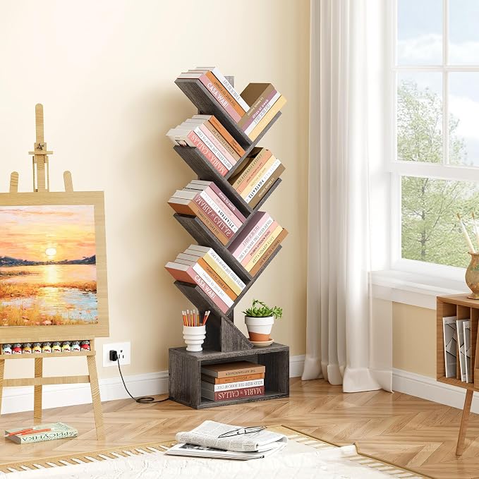 Hoctieon 6 Tier Tree Bookshelf, Tall Bookcase, Freestanding Book Shelf with LED Lights, Display Floor Standing Storage Shelf, Book Organizer Shelves for Home Office, Living Room, Grey