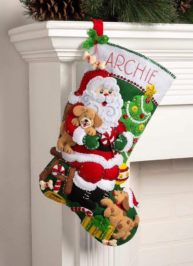 Bucilla Felt Applique 18" Stocking Making Kit, Jolly Pups Santa, Perfect for DIY Arts and Crafts, 89556E