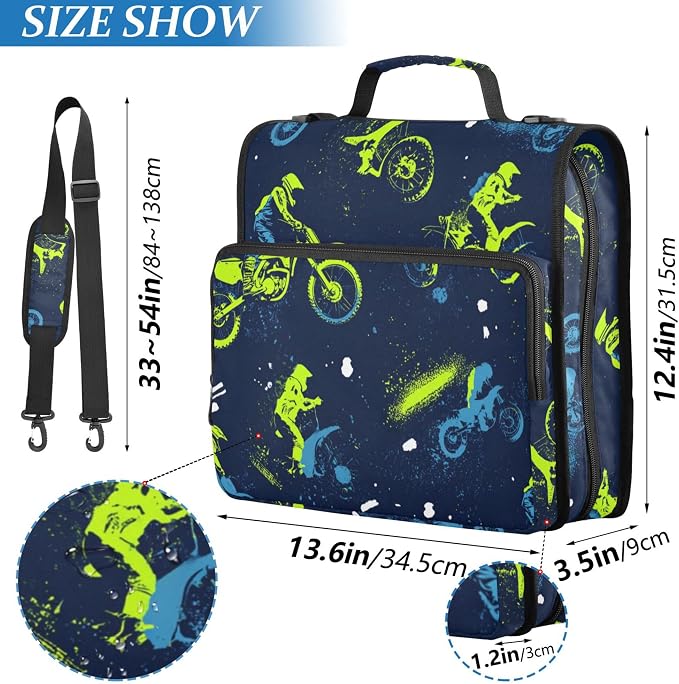 Fisyme Vintage Motocross Dirt Bike Zipper Binder 3 Ring with Zipper and Shoulder Strap Large Capacity Multi-Pocket Binder Organizer