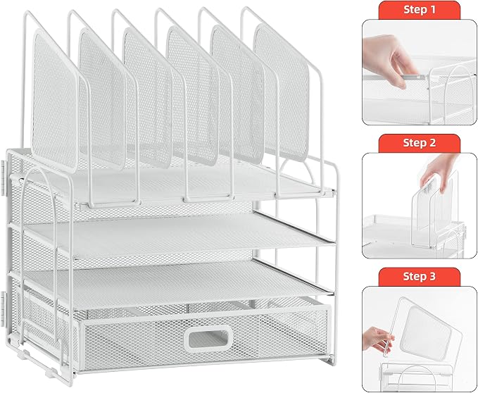 Marbrasse Desk Organizers, 4-Tier Mesh Desk File Organizer with 5 Vertical File Holders and 2 Pen Holders, Multifunction Desktop Organizer,Desk Organizers and Accessories for Home Office (White)