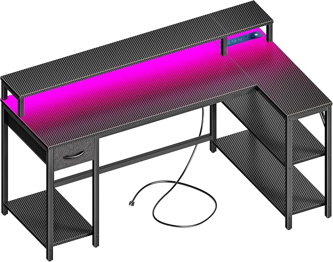SUPERJARE 53 inch Reversible L Shaped Desk with LED Lights & Power Outlets, Computer Desk with Shelves & Monitor Stand, Gaming Desk with Drawer, Home Office Desk, Carbon Fiber Black