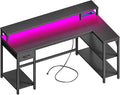 SUPERJARE 53 inch Reversible L Shaped Desk with LED Lights & Power Outlets, Computer Desk with Shelves & Monitor Stand, Gaming Desk with Drawer, Home Office Desk, Carbon Fiber Black
