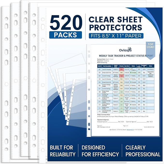 520 Pack Clear Sheet Protectors 8.5 x 11 Inch Easy-Open, Transparent Plastic Page Sleeves for 3-Ring Binders, Bulk Pack for Business, Office, School & Classroom Use - Durable & Smooth