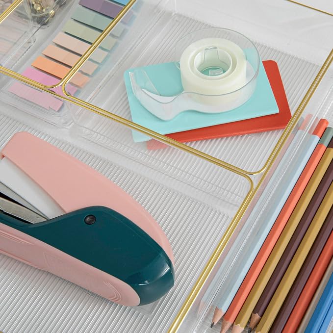 Martha Stewart Kerry Stackable Desk Drawer Organizers, Clear/Gold, 6-Pack | Various Sizes, Gold Trim, Stackable
