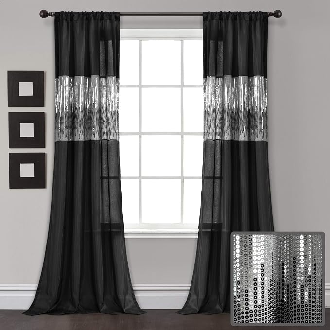 Lush Decor Night Sky Window Curtain Panel, Single 42"W x 84"L Black - Sequin Backdrop Curtain - Room Darkening Curtains For Bedroom - Glam Decor