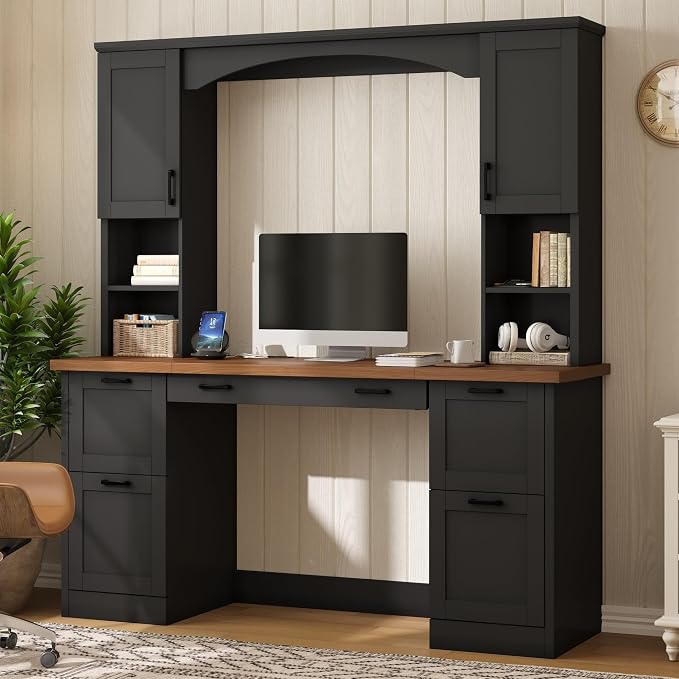 Merax Farmhouse Arched 67" Computer Desk with Power Outlets & Keyboard Tray, Wood Executive Home Office Desk with Hutch, Writing Desk with Storage Drawers for Working Study, Black