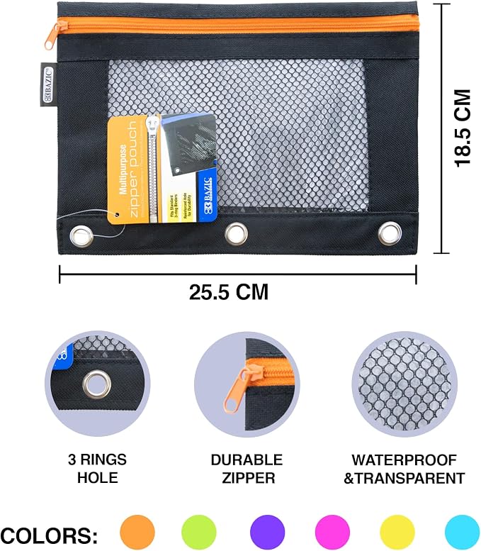 BAZIC Products Noir Neon 3-Ring Pencil Pouch with Mesh Window, 24-Box | clear mesh window and a zipper closure for pens, pencils, supplies