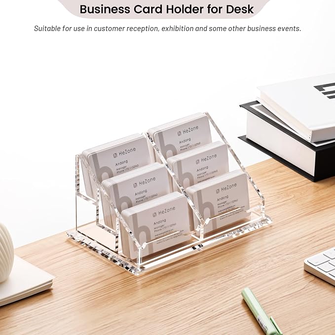 HeZone Business Card Holder for Desk, Acrylic Business Card Organizer , Multiple 6 Slots 3 Tier Business Cards Stand for Women& Men,Office Desk Accessories,Organize 300 Cards-1 Pack(Horizontal,Clear)