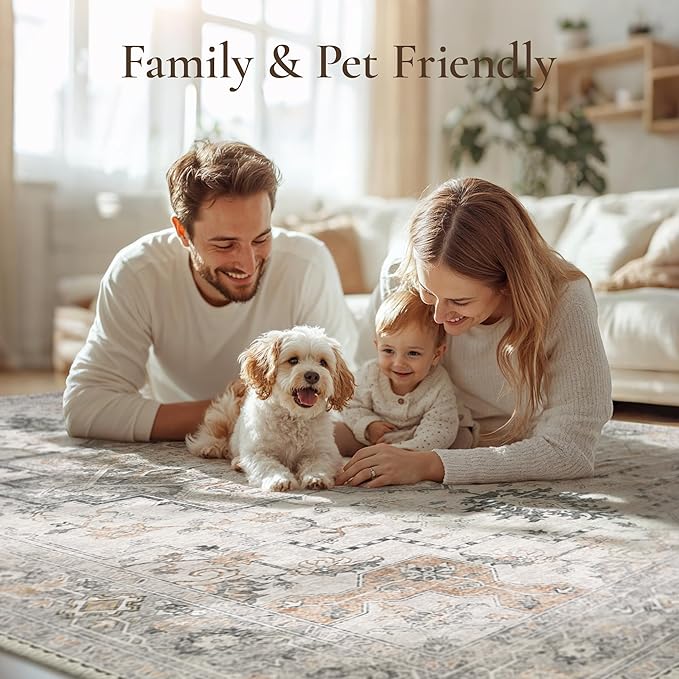 GENIMO 2'6''x16 Runner Rugs for Hallway, Machine Washable Non Slip Vintage Rugs, Low Pile Soft Chenille Print Rug for enrtyway, Corridor, Home Office,Light Taupe Brown