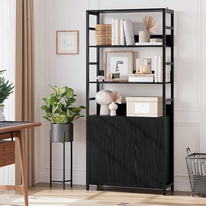 Garvee 71" Tall Bookshelf with Doors and Adjustable Shelf, Black | Industrial Display Standing Shelf Rack with 3-Tier Shelves, Bookcase with Protective Rails for Living Room, Office