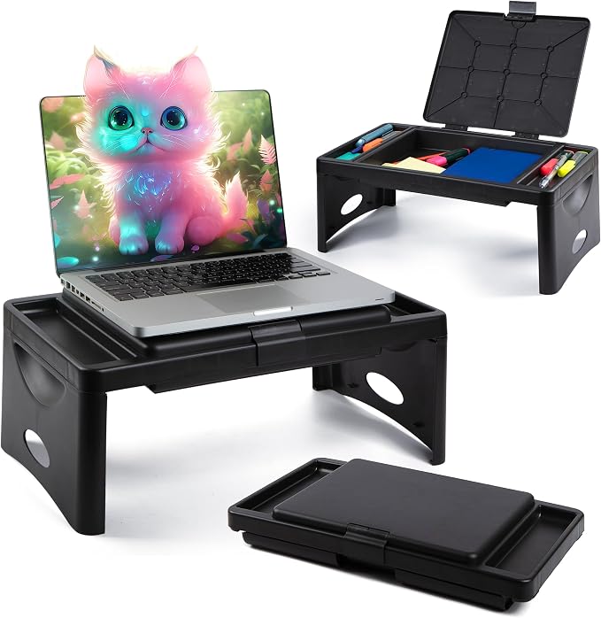 Loddie Doddie Lap Desk, Folding Desk, Bed Table, Black, 9.75"x12" | Built-In Storage with 2 Trays & Pocket, Bed Desk, Easy 2 lb Carry, Car Seat Tray for Travel, Portable Desk, Tucks Under Bed