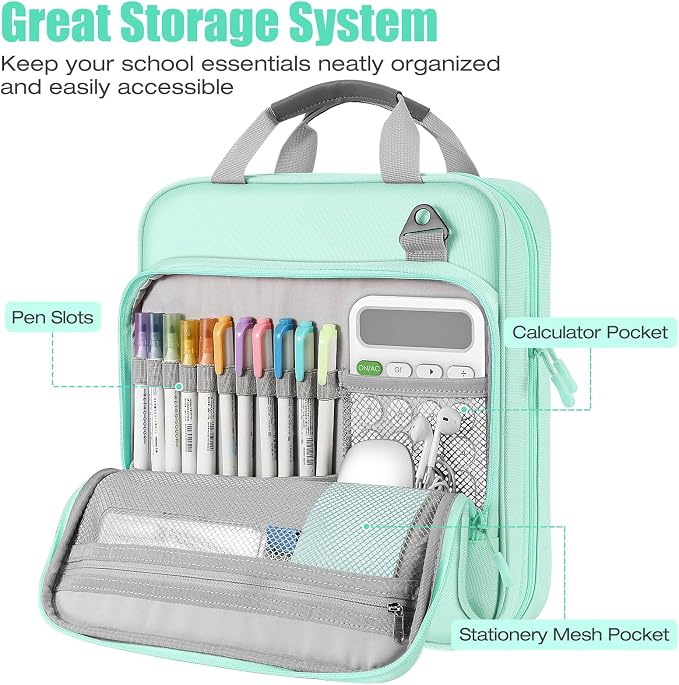 MoKo Zipper Binder, 2 Inch 3 O Ring, 5 Tab File Folders, 500 Sheets, Green | Water-repellent 900D Oxford with five file pockets, two mesh pockets, a handle and padded shoulder strap.