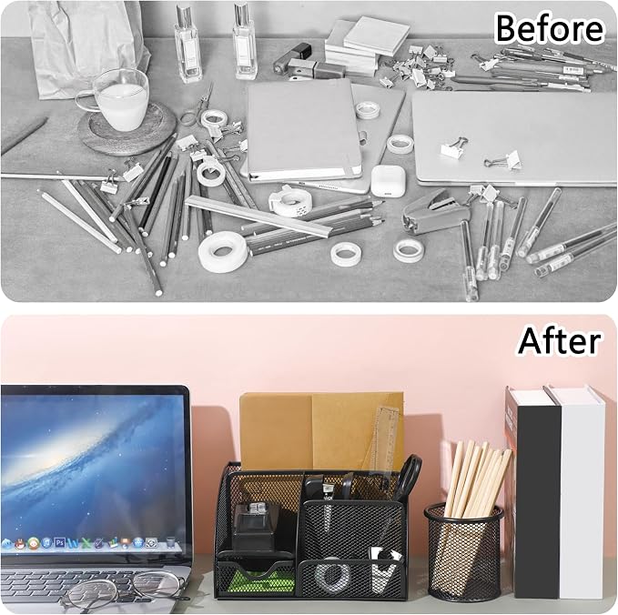 Black Office Desk Accessories Supplies, 12pcs Desk Organizers and Accessories with Tape dispenser and Stapler,Staples,Staple Remover,Pen Holder,Scissor,Ruler,Sticky Tabs,Tape,Ballpoint Pen,Clips Set
