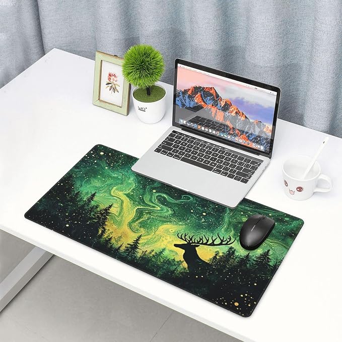 Aurora Borealis Gaming Mouse Pad XXL 31.5x15.7 Inch, Forest Desk Mat | Northern Lights Forest Design with Extended Large Mousepad, Waterproof Non-Slip Rubber Base Desk Pad for Gaming, Office, Home