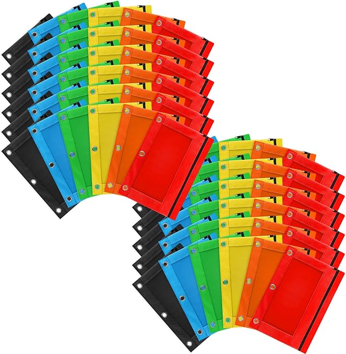 Pencil Pouch for 3 Ring Binder, 72 Pack Zipper Pencil Pouches/Case in Assorted Color, Durable Binder Pencil Pouch/Bag for Office School Supplies (6 Colors)