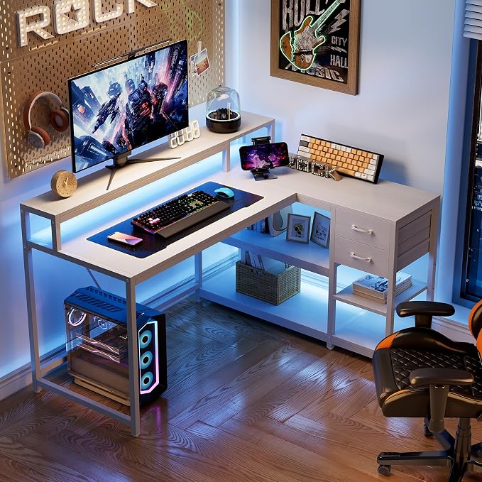 LITTLE TREE 55-Inch L-Shaped Computer Desk, Reversible Computer Desk with Drawers and Storage Shelves, Corner Desk Gaming Desk Work Desk for Home Office, White