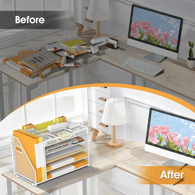 5 Tier Paper Letter Tray Desk Organizer with Pen Holders - White | Features 3 pen holders and 4 removable dividers.Versatile mesh desktop storage for mail, document,office supplie