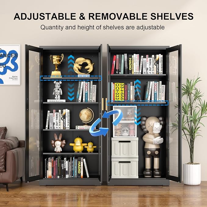 Polup 71" Black Metal Glass Display Cabinet with Security Lock | 5-Tier Curio Case & Tempered Doors, 4 Adjustable Shelves, Heavy-Duty China Storage for Living Room, School & Commercial
