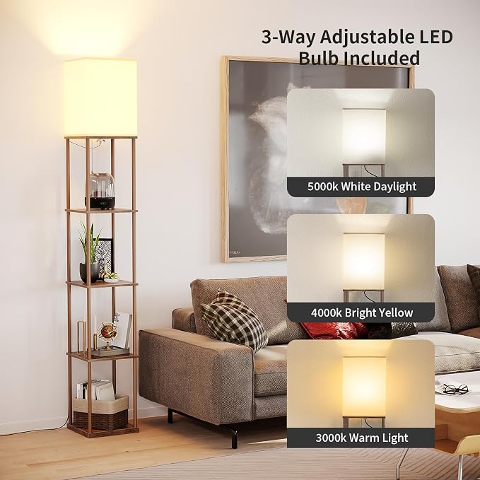 SUNMORY 5 Tier Floor Lamp with Shelves, Standing Lamps for Living Room | 3 CCT LED Bulb Include, 70" Tall Corner Shelf Lamp, Display Bookshelf, Modern Style for Bedroom, Office, Home Decor