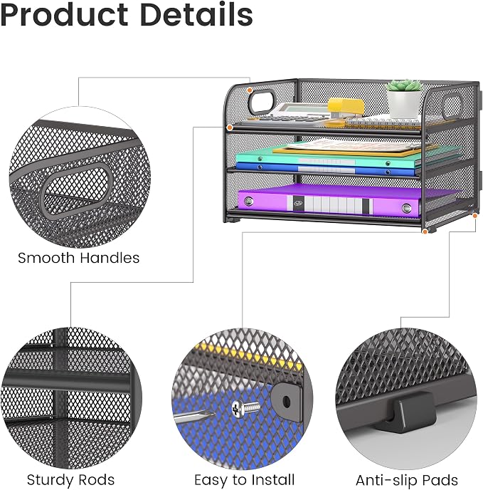 Cawukege 2 Pack 3 Tier Paper Organizer with Handle, Metal Desk Organizer Mesh Paper Letter Tray Desktop File Folder Document Sorter for Classroom, School, Office Accessories Storage (2, Grey)