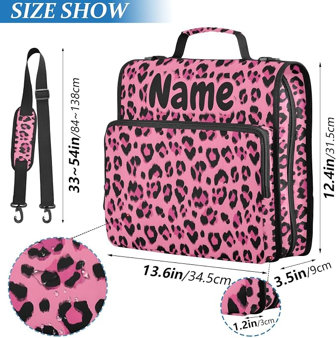 Custom Hot Pink Black Leopard Print 3 Ring Binder Bag 1.5 inch Personalized Name Binder Organizer 500 Sheet Documents Storage for School Office