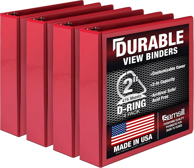 Samsill Durable 2 inch 3 Ring Binder, D Ring Binder, 100% Recycled Chipboard, Red, 4 Pack
