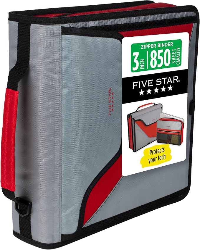 Five Star Zipper Binder, 3-Inch D-Ring Case Binder, 850-Sheet Capacity, Multiple Pockets, Front 5-Tab Expanding File, Removable Padded Case and Shoulder Strap, Crimson Fade (292960K)