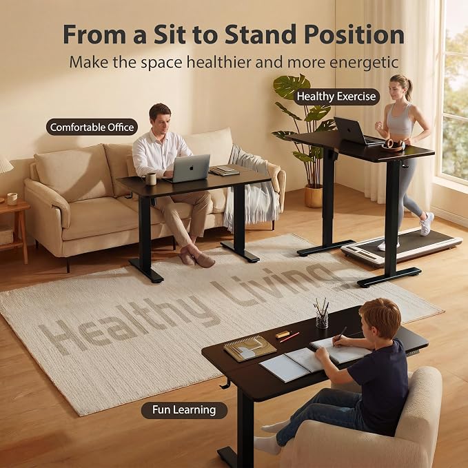 Cubiker Standing Desk, 63x28 Inches Sit Stand Home Office Desk, Electric Stand up Desk, Adjustable Desk with Splice Board, Black Frame/Black Top