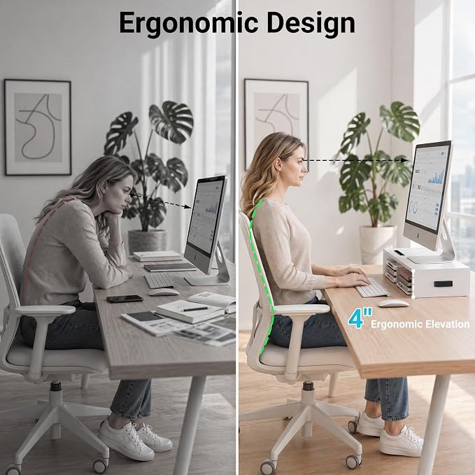 BONTEC Monitor Stand Riser with Cellphone Holder & Cable Management | 16.7 Inch Wood Monitor Riser Stand, Desktop Stand for PC/TV/Laptop/Printer, White