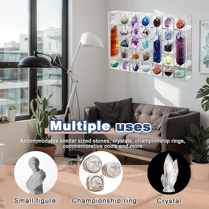 Cinnvoice Rock Display Case 35 Grids,Transparent Border, Square | Adjustable Acrylic Display Case, Crystal Organizer for Collectible, with Built-in Mirrored, Magnetic Door, Wall Mount