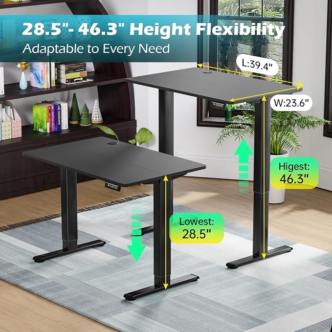 PayLessHere 40 Inch Electric Standing Desk Computer Desk with Large Space and Headphone Holder Office Desk with Electric Lifting and Memory Function (40 inch, Black)