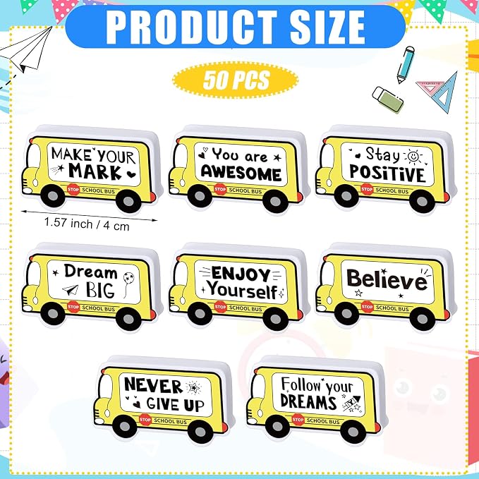 50 Pcs Mini Bus Erasers Bulk Inspirational Back to School Gift