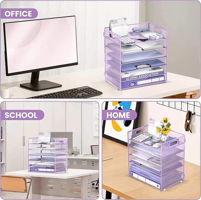 Daltack 6-Tier Paper Organizer for Desk with Handle, Purple | Sturdy Metal Mesh Organizer with Movable Middle Trays and a Carry Handle for Papers, Folders and Office Supplies