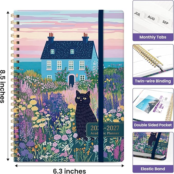 Taja Planner 2026-2027, Jul 2026-Jun 2027 Monthly & Weekly Calendar Planner | 6.3" x 8.5", Hardcover Academic Calendar, Teacher Student Agenda Book with Tabs, School Office Supplies, Lavender Whiskers