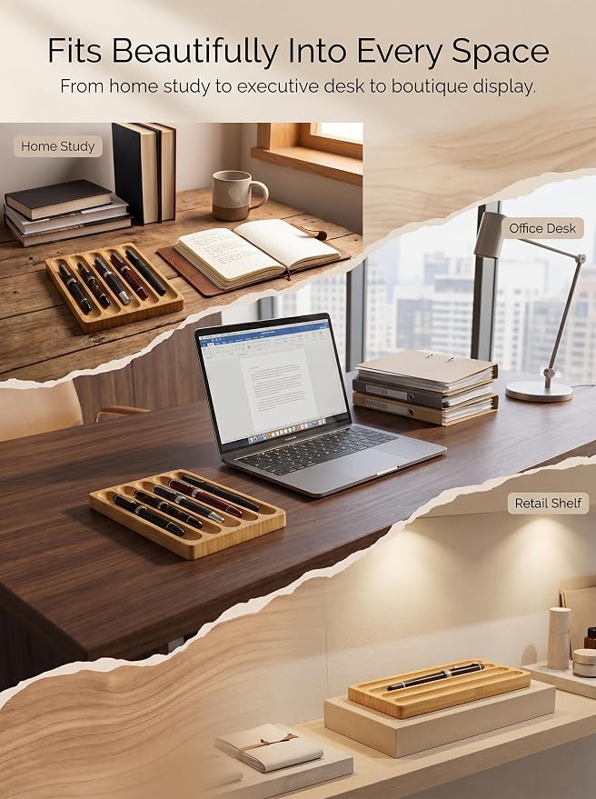 Natural Bamboo 5-Slot Fountain Pen Storage Tray, Anti-Roll Wooden Pen Organizer, Minimalist Zen Desk Pen Holder for Pen Collectors, Office & Study Desktop Stationery Display Tray