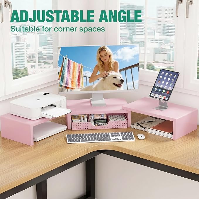 Dual Computer Monitor Stand Riser, Desk Organizer with Drawer, Office Desk Accessories & Workspace Organizers for Home Office Supplies, Pink