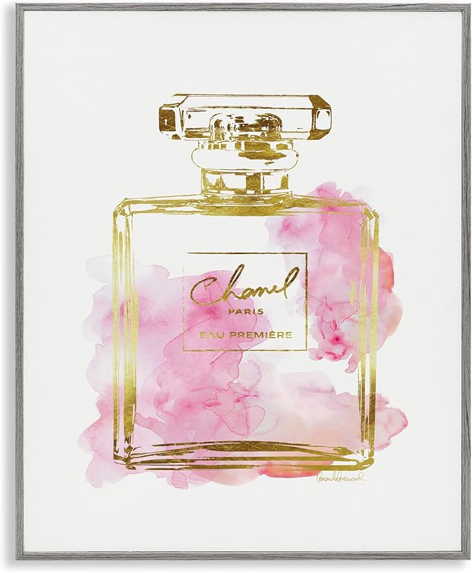 Stupell Industries 'Glam Perfume Bottle Gold Pink', Framed Giclee Art, Gray, 24 x 30 Inches, Easy to Hang and Sturdy, Made in USA, by Amanda Greenwood | Stupell Industries | Gray, 24 x 30 Inches, Easy to Hang and Sturdy, Made in USA, by Amanda Greenwood