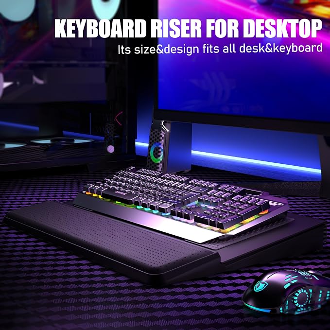 Computer Keyboard Stand with Wrist Rest & Storage Tray - Acrylic Keyboard Riser for Office Desk Accessories Decor, Ergonomic Keyboard Holder for Home Comfortable Typing - Fits All Keyboard Sizes