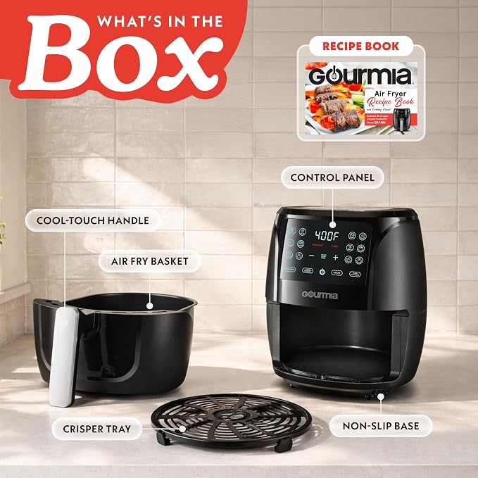 Gourmia Air Fryer - 4 Qt Capacity, FryForce360º, Digital Display with 8 Presets, Roast, Bake, Broil, Dehydrate, Dishwasher Safe Accessories, Compact, Black