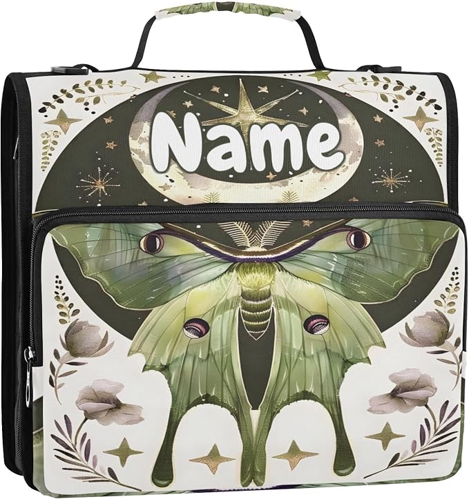 Custom Moth Moon Art Butterfly 3 Ring Binder Bag 1.5 inch Personalized Name Binder Organizer 500 Sheet Documents Storage for School Office