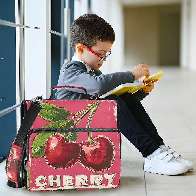 Red Cherry Print 3 Ring Binder Bag 1.5 inch Binder Organizer with Zipper Shoulder Strap 500 Sheet Documents Storage for School Office