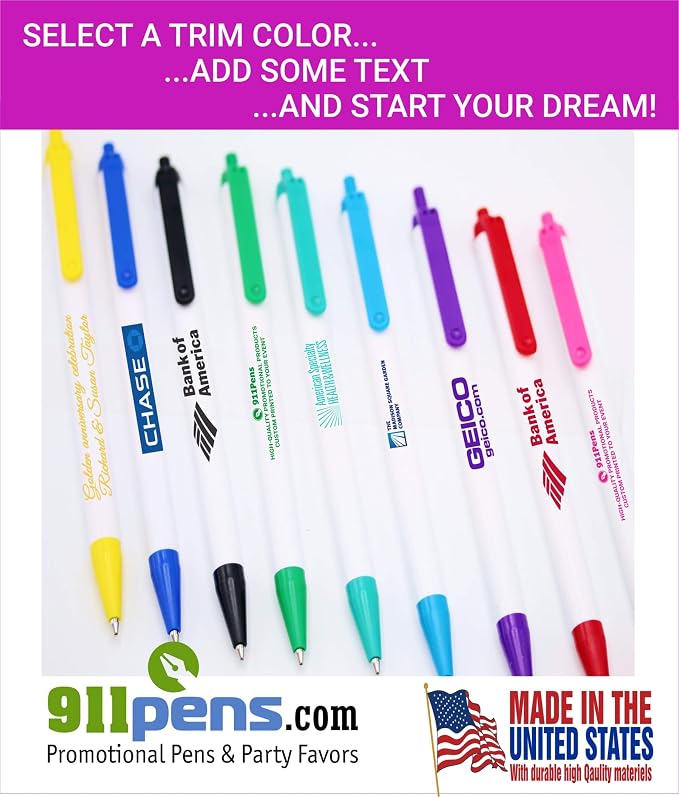 USA Made, Personalized Writing Ink Ballpoint Novelty Pens, Custom Printed with Your Logo & Text (Pack of 100 White Pens with Light Blue Trim)