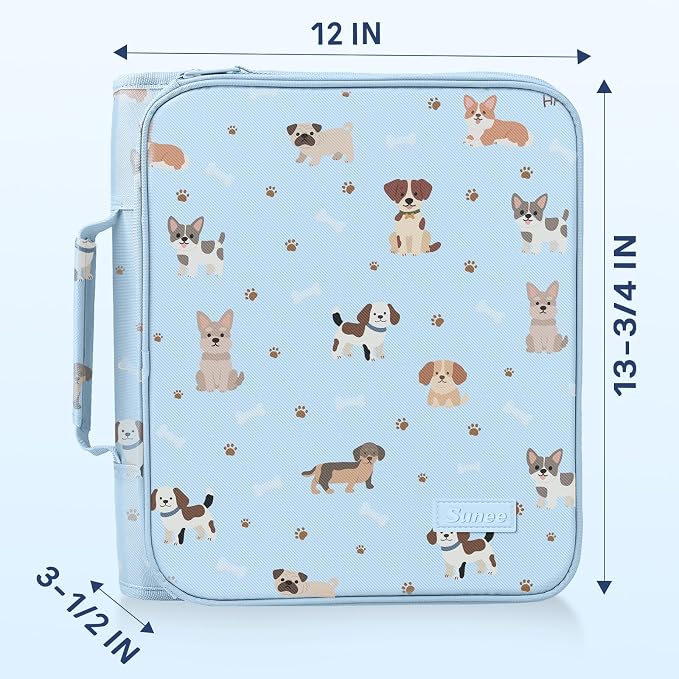 SUNEE Zippered Binder Bag with Handle, 2-Inch 3-Ring O-Ring, 500-Sheet Capacity, Includes Zip Pocket, 5-Tab Expanding File Folder, Multi-Pocket Organizer Binder for Middle School, Blue Dog
