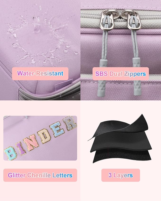 3 Ring Zipper Binder 3 Inch D Rings with Double Water Bottle Holder | Cute Initial Water-Resistant Zip Up Binder for School Office, 700-Sheet Capacity & Shoulder Strap & Laptop Pocket, Purple